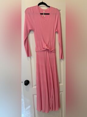 Anthropologie Ribbed Knit Long-Sleeve Pink Knot-Waist Pleated Dress